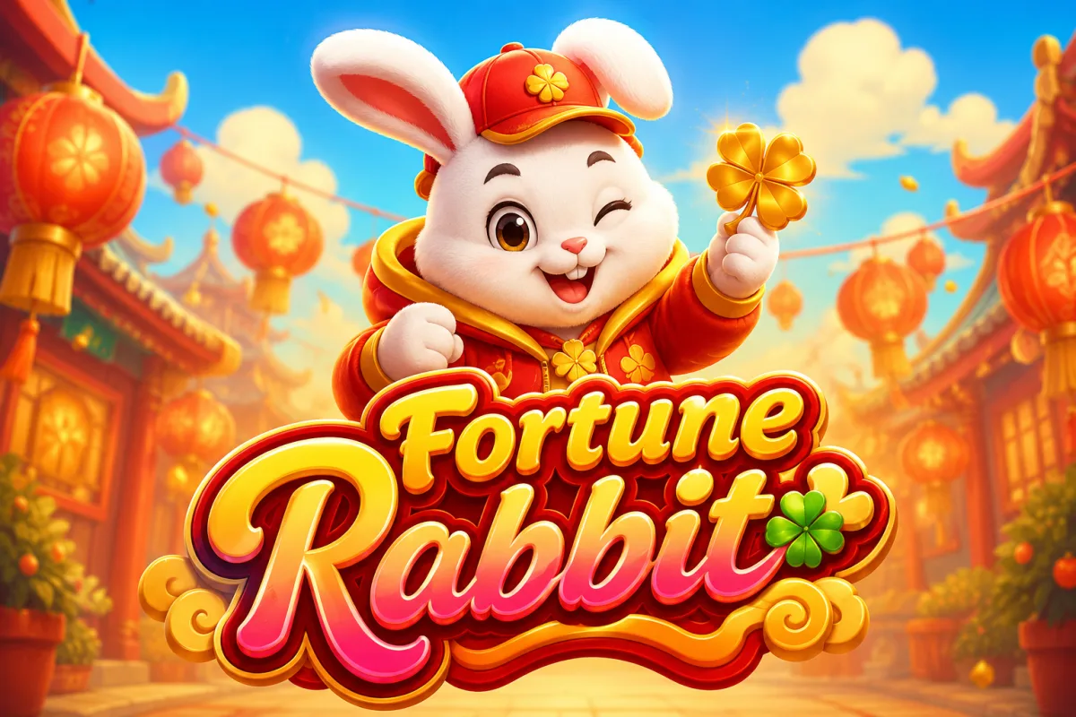 Ilustración del conejo mascota de Fortune Rabbit con gorro rojo y trébol dorado, sobre un fondo de templo y farolillos rojos del Año Nuevo Chino
